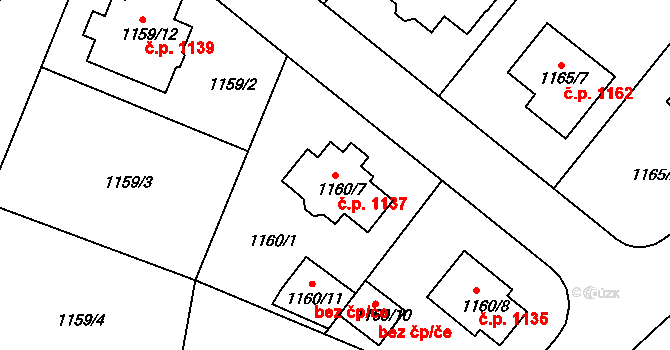 Jemnice 1137 na parcele st. 1160/7 v KÚ Jemnice, Katastrální mapa