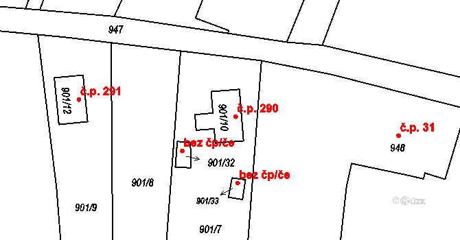 Závišice 290 na parcele st. 901/10 v KÚ Závišice, Katastrální mapa