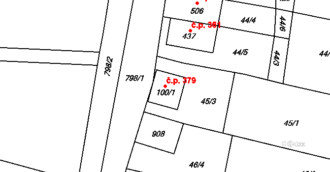 Slatinice 379 na parcele st. 100/1 v KÚ Slatinice na Hané, Katastrální mapa