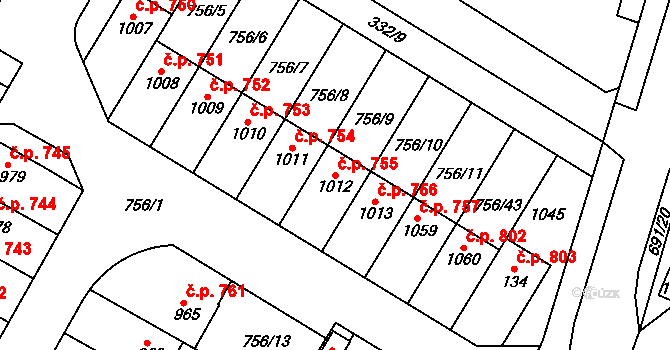 Líbeznice 755 na parcele st. 1012 v KÚ Líbeznice, Katastrální mapa