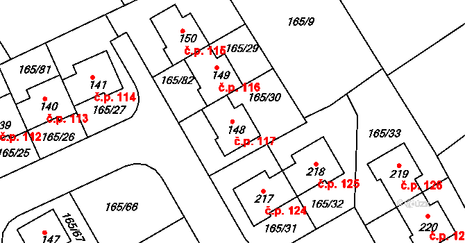 Býkev 117 na parcele st. 148 v KÚ Býkev, Katastrální mapa