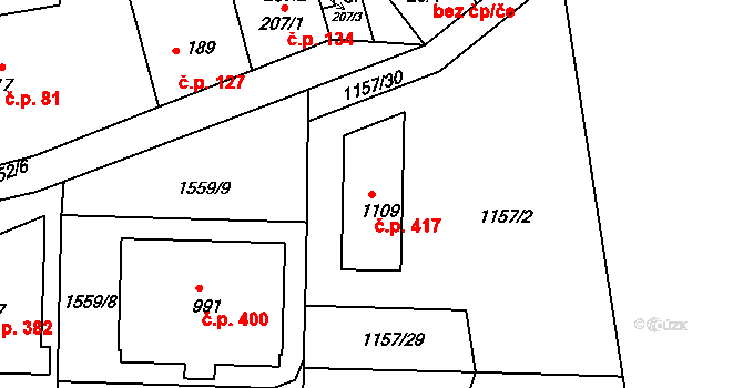 Příluky 417, Zlín na parcele st. 1109 v KÚ Příluky u Zlína, Katastrální mapa