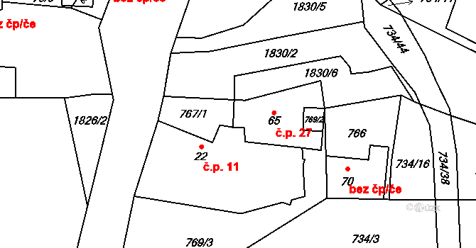 Děkanovice 27 na parcele st. 65 v KÚ Děkanovice, Katastrální mapa
