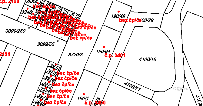 Břeclav 3401 na parcele st. 190/64 v KÚ Břeclav, Katastrální mapa