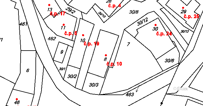 Čtyři Dvory 10, Prosetín na parcele st. 8 v KÚ Čtyři Dvory, Katastrální mapa