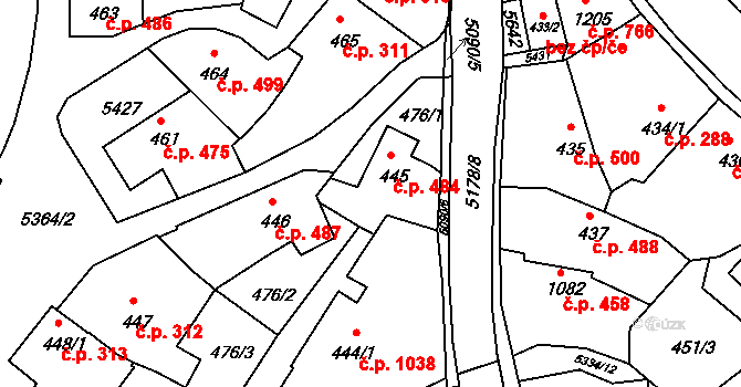 Vizovice 484 na parcele st. 445 v KÚ Vizovice, Katastrální mapa