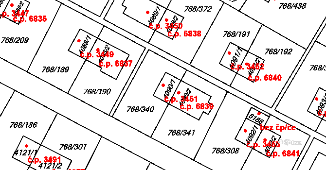 Zlín 3451 na parcele st. 4090/1 v KÚ Zlín, Katastrální mapa