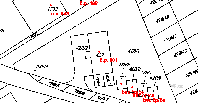 Buchlovice 801 na parcele st. 427 v KÚ Buchlovice, Katastrální mapa