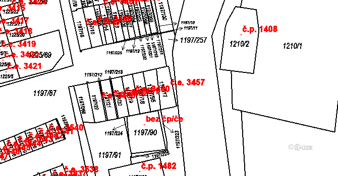 Prostřední Suchá 3457, Havířov na parcele st. 1197/17 v KÚ Prostřední Suchá, Katastrální mapa