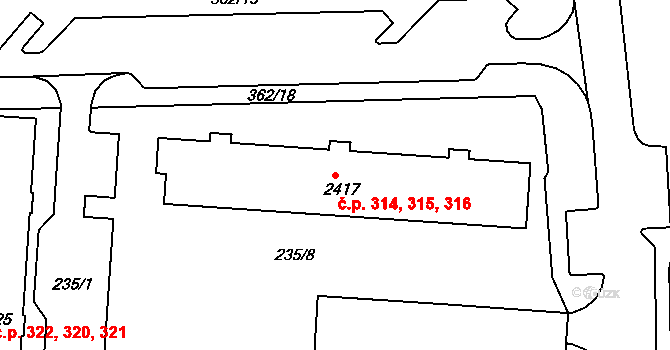 Pražské Předměstí 314,315,316, Písek na parcele st. 2417 v KÚ Písek, Katastrální mapa