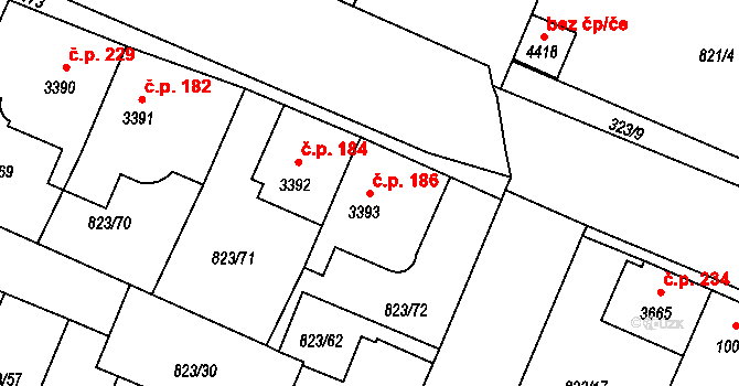 Václavské Předměstí 186, Písek na parcele st. 3393 v KÚ Písek, Katastrální mapa