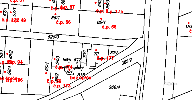 Cvrčovice 177 na parcele st. 70 v KÚ Cvrčovice, Katastrální mapa