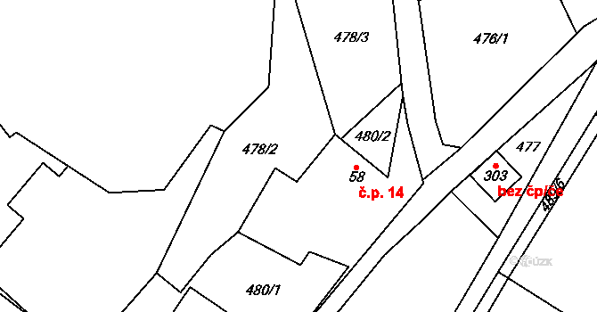Kokořínský Důl 14, Kokořín na parcele st. 58 v KÚ Kokořín, Katastrální mapa