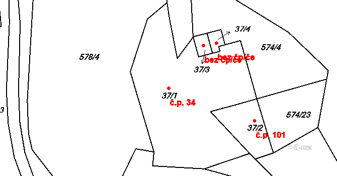 Kaznějov 34 na parcele st. 37/1 v KÚ Kaznějov, Katastrální mapa