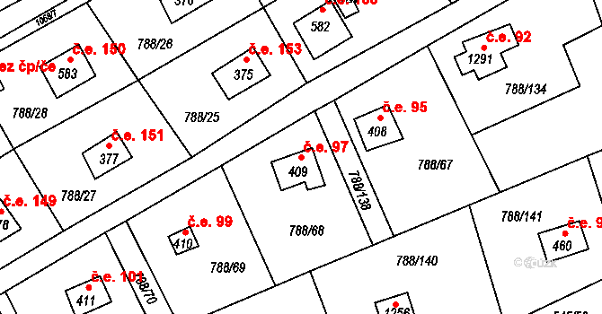 Nučice 97 na parcele st. 409 v KÚ Nučice u Rudné, Katastrální mapa