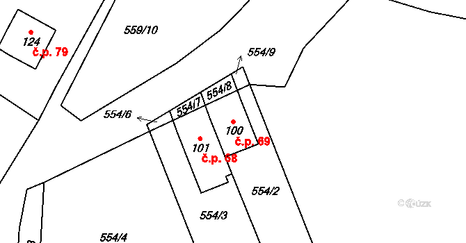 Mlýny 69 na parcele st. 100 v KÚ Mlýny u Choustníku, Katastrální mapa