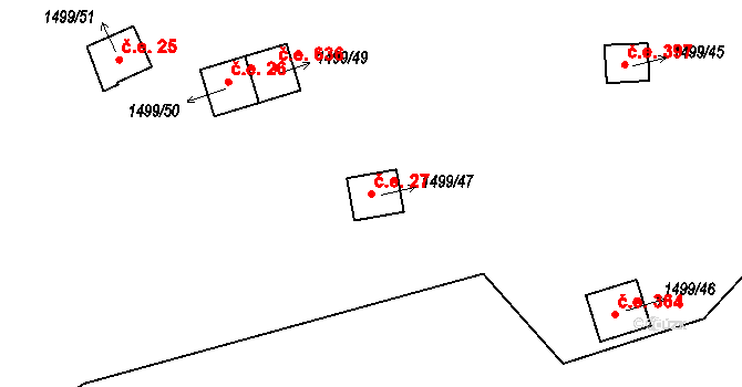 Pňovany 27 na parcele st. 1499/47 v KÚ Pňovany, Katastrální mapa