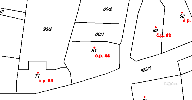 Těně 44 na parcele st. 51 v KÚ Těně, Katastrální mapa