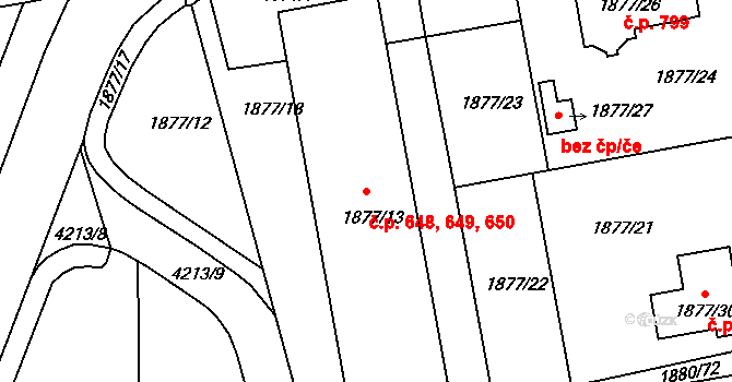 Pražské Předměstí 648,649,650, Jaroměř na parcele st. 1877/13 v KÚ Jaroměř, Katastrální mapa