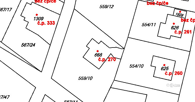 Broumov 270 na parcele st. 668 v KÚ Broumov, Katastrální mapa