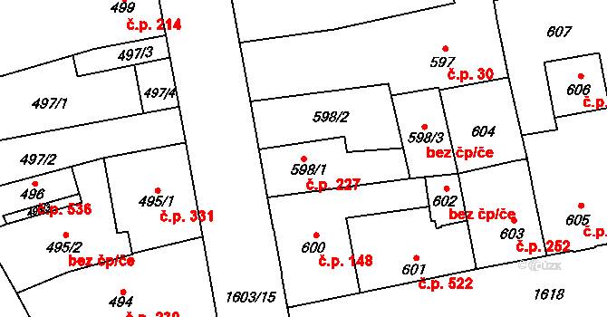 Hronov 227 na parcele st. 598/1 v KÚ Hronov, Katastrální mapa