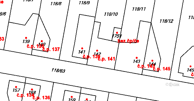 Pardubičky 141, Pardubice na parcele st. 142 v KÚ Pardubičky, Katastrální mapa