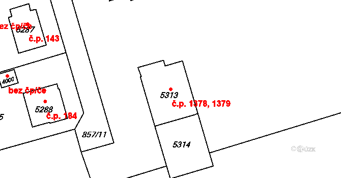 Bílé Předměstí 1378,1379, Pardubice na parcele st. 5313 v KÚ Pardubice, Katastrální mapa