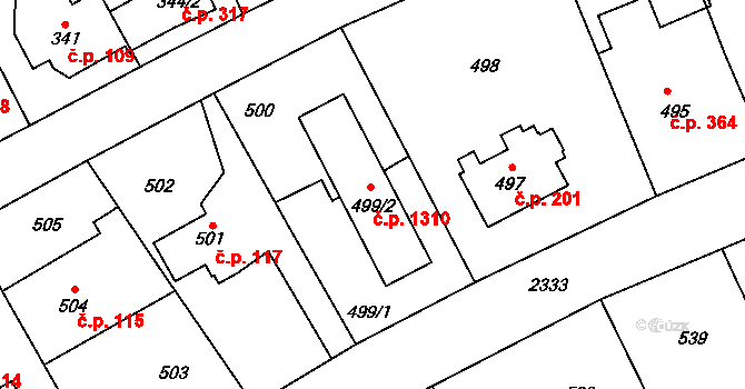 Suchdol 1310, Praha na parcele st. 499/2 v KÚ Suchdol, Katastrální mapa