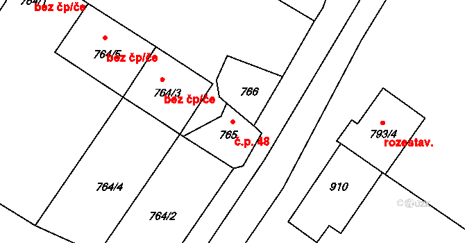 Střezov 48, Březno na parcele st. 765 v KÚ Březno u Chomutova, Katastrální mapa