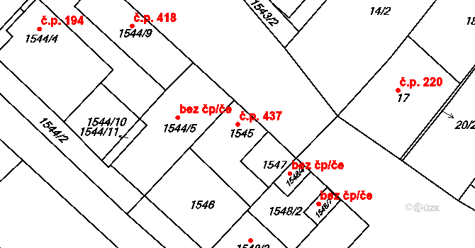 Hrušky 437 na parcele st. 1545 v KÚ Hrušky, Katastrální mapa