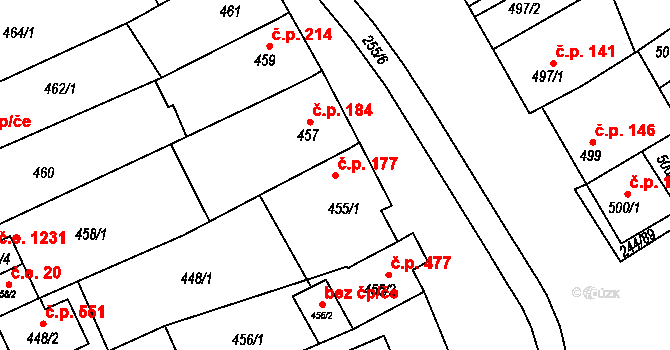 Dobšice 177 na parcele st. 455/1 v KÚ Dobšice u Znojma, Katastrální mapa
