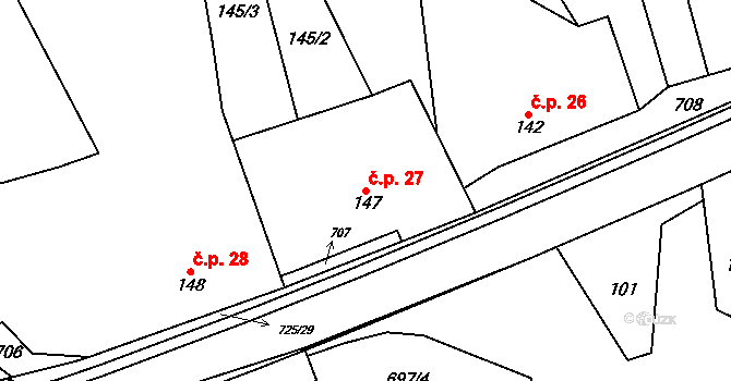 Býškovice 27 na parcele st. 147 v KÚ Býškovice, Katastrální mapa
