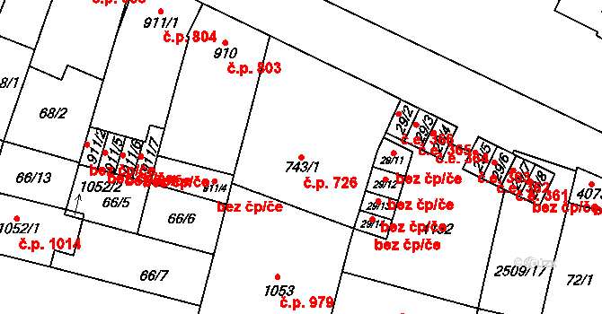 Kyjov 726 na parcele st. 743/1 v KÚ Kyjov, Katastrální mapa