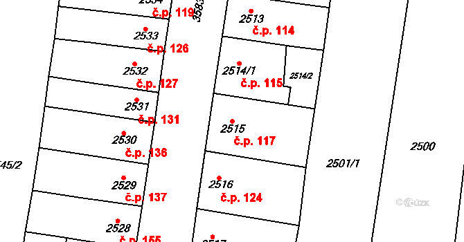 Nosálovice 117, Vyškov na parcele st. 2515 v KÚ Vyškov, Katastrální mapa