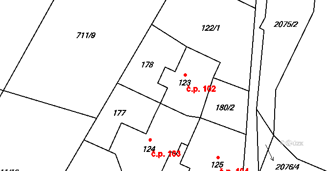 Milotice nad Opavou 102 na parcele st. 123 v KÚ Jelení u Bruntálu, Katastrální mapa