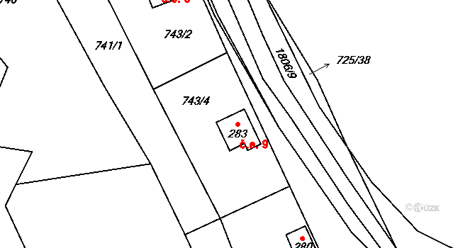 Rýzmburk 9, Hulice na parcele st. 283 v KÚ Hulice, Katastrální mapa