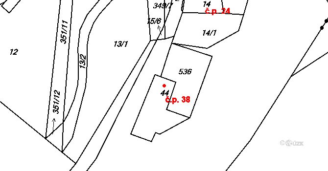 Popovice 38, Brandýs nad Labem-Stará Boleslav na parcele st. 44 v KÚ Popovice u Brandýsa nad Labem, Katastrální mapa