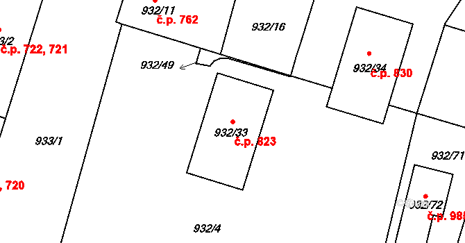 Bechyně 823 na parcele st. 932/33 v KÚ Bechyně, Katastrální mapa