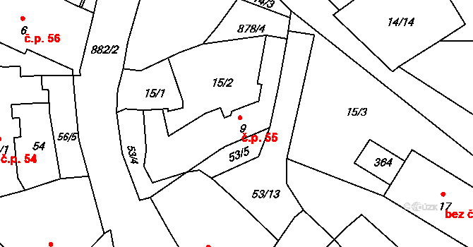 Jimlín 55 na parcele st. 9 v KÚ Jimlín, Katastrální mapa