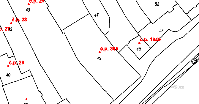 Pelhřimov 385 na parcele st. 45 v KÚ Pelhřimov, Katastrální mapa