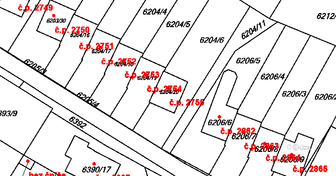 Frýdek 2755, Frýdek-Místek na parcele st. 6204/20 v KÚ Frýdek, Katastrální mapa