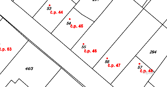 Mlékovice 46, Toušice na parcele st. 55 v KÚ Mlékovice, Katastrální mapa