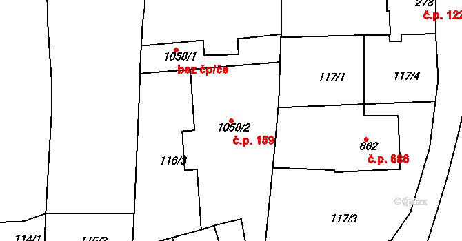Rosice 159 na parcele st. 1058/2 v KÚ Rosice u Brna, Katastrální mapa