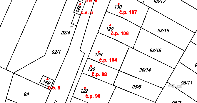 Žešov 104, Prostějov na parcele st. 128 v KÚ Žešov, Katastrální mapa