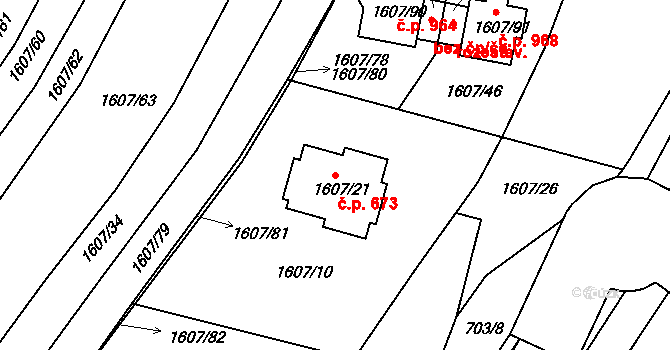 Žebětín 673, Brno na parcele st. 1607/21 v KÚ Žebětín, Katastrální mapa