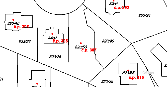 Lípa 307 na parcele st. 823/53 v KÚ Lípa nad Dřevnicí, Katastrální mapa