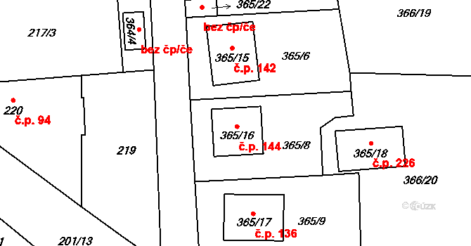 Kamenný Újezd 144, Nýřany na parcele st. 365/16 v KÚ Kamenný Újezd u Nýřan, Katastrální mapa