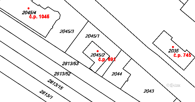 Jemnice 691 na parcele st. 2045/2 v KÚ Jemnice, Katastrální mapa