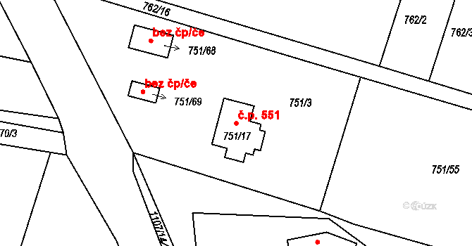 Štěnovice 551 na parcele st. 751/17 v KÚ Štěnovice, Katastrální mapa