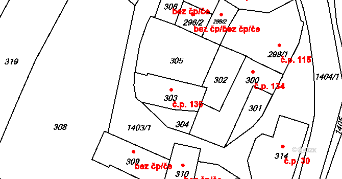 Divišov 136 na parcele st. 303 v KÚ Divišov u Benešova, Katastrální mapa